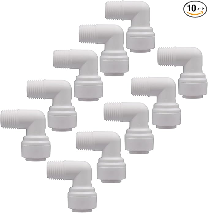 10 PCS 1/4" Male x 3/8" OD Push to Connect Tube Fitting - Quick Connect for Water Purifiers, Drinks Dispenser & Filtration Systems (Elbow Type)