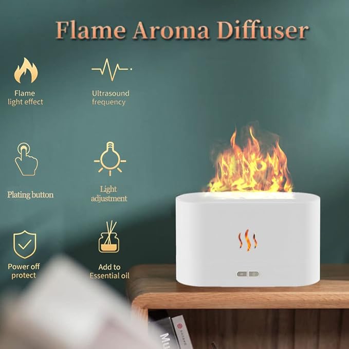 Upgraded 7 Color Flame Fireplace Air Aroma Essential Oil Diffuser,USB Personal Desktop Noiseless Cool Mist Humidifier with Auto-Off Protection for Home,Office, Gift (White)
