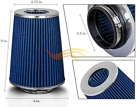 BLUE 3.5" 89 mm Inlet Truck Cold Air Cone Replacement Performance Washable Clamp-On Dry Air Filter (8" Tall)
