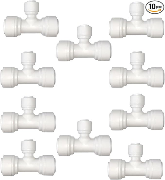 10 PCS 3/8" x 3/8" x 1/4" Push Fit T-Shaped 3-Way Tube Connector, Plastic Quick Connect Fittings for RO Water Purification System, Reverse Osmosis, Water Filters (White)