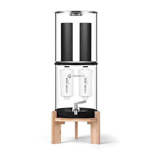 Glass Gravity-Fed Water Filter System, Countertop System with 2 Black NSF/ANSI 42 Certification Elements, 2 Fluoride, Metal Spigot and Stand, Reduces Fluoride and Chlorine, 2.25G