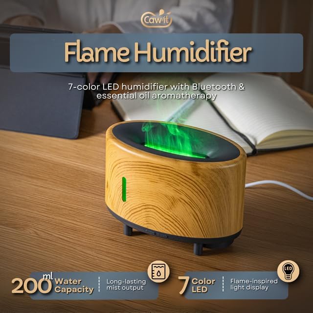 Portable Humidifier & Diffuser with Colored Flames – Bluetooth Speaker & Aromatherapy | Small Warm Mist Humidifier - Essential Oil Scent Diffuser & Air Freshener for Home, Bedroom, Office & Travel