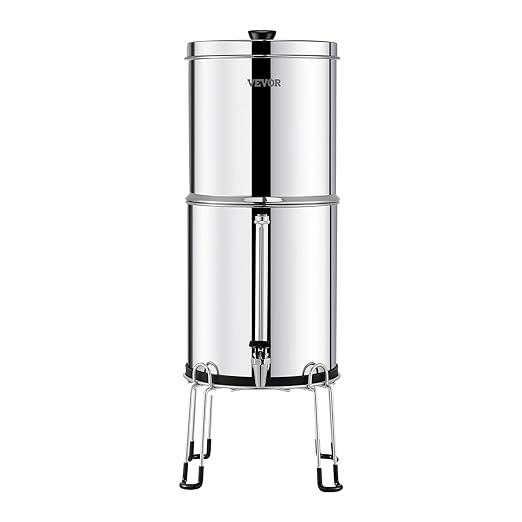 VEVOR Gravity-fed Water Filter System, 2.25G 304 Stainless-Steel Countertop Water Filtration System, Reduces Lead and up to 99% of Chlorine, with 2 Ceramic Carbon Filters, Water Level Spigot, Stand