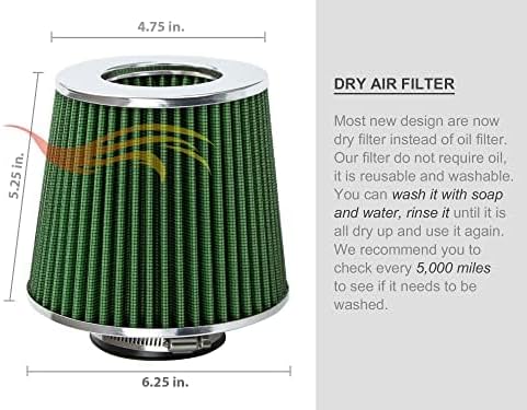GREEN 4" 102 mm Inlet Truck Cold Air Cone Replacement Performance Washable Clamp-On Dry Air Filter (8" Tall)