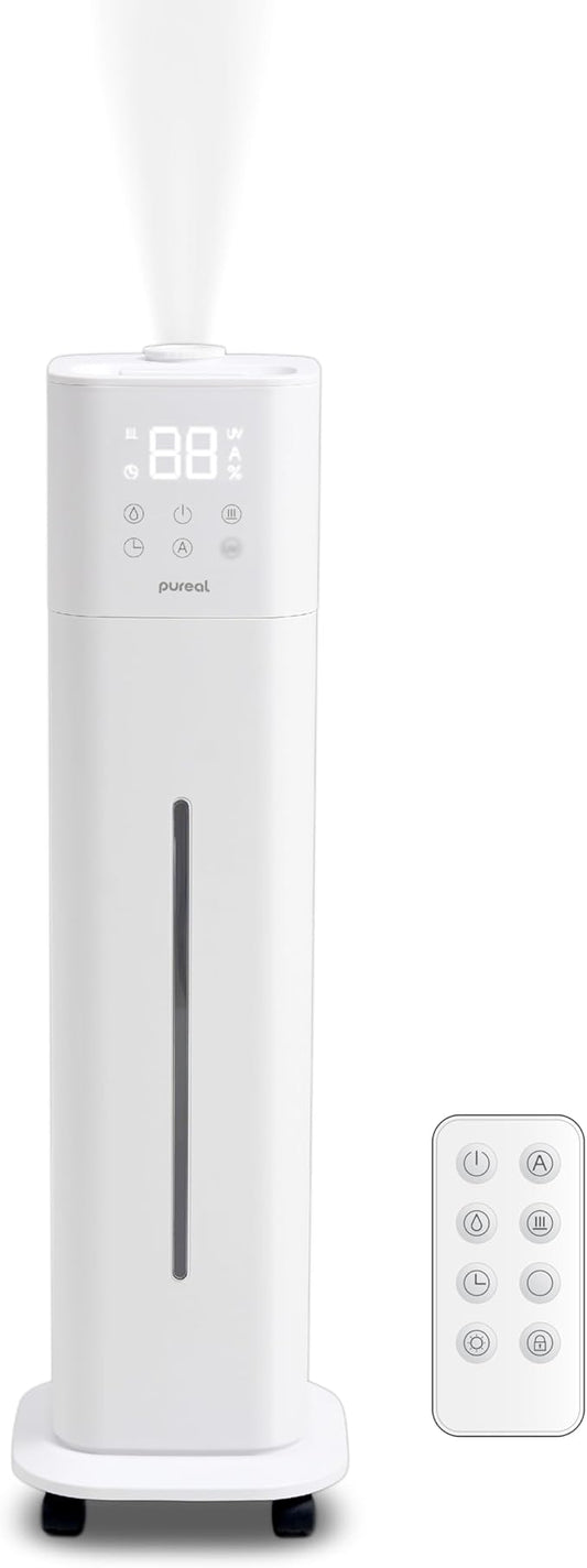 Pureal 10L Tower Humidifier, 83H Runtime, Warm & Cool Mist, Large Room, Top-Fill Tank On Wheels, Auto Mode, 12H Timer, Remote Control, Mood Light, White