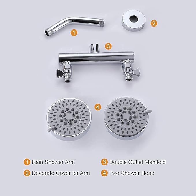 AZOS Double Shower Head with Shut-Off Valve, Bathathroom High Pressure Dual Fixed Rain Shower Head Combo with Brass Dual Outlet Manifold, Adjustable 5 Function Showerhead Chrome