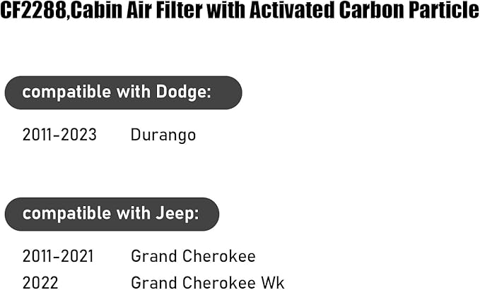 CF2288,Cabin Air Filter with activated carbon particle for Dodge,Durango 2011-2023.Jeep,Grand Cherokee 2011-2021,Grand Cherokee WK 2022.68079487AA,68260792AA,9349141562,K68079487AA,T6378002.