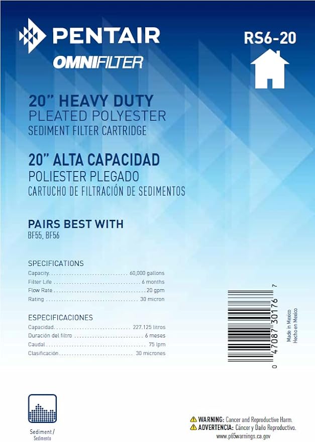Pentair OMNIFilter RS6-20 Sediment Water Filter, 20-Inch, Whole House Heavy Duty Big Blue Pleated Replacement Cartridge, 20" x 4.5", White