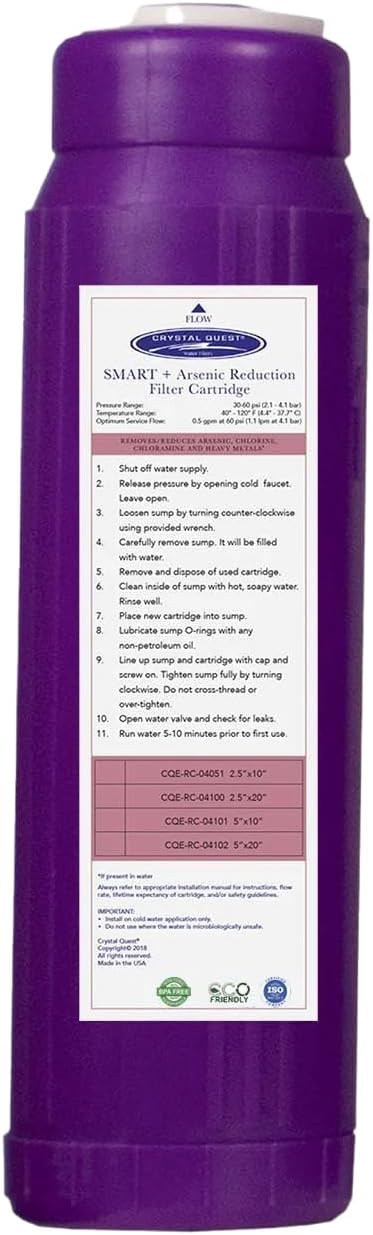 Crystal Quest Arsenic Removal + SMART Filter Cartridge 2-7/8" x 9-3/4" - Reduces Arsenic, Long-Lasting, Easy Installation, Heavy-Duty Water Filtration