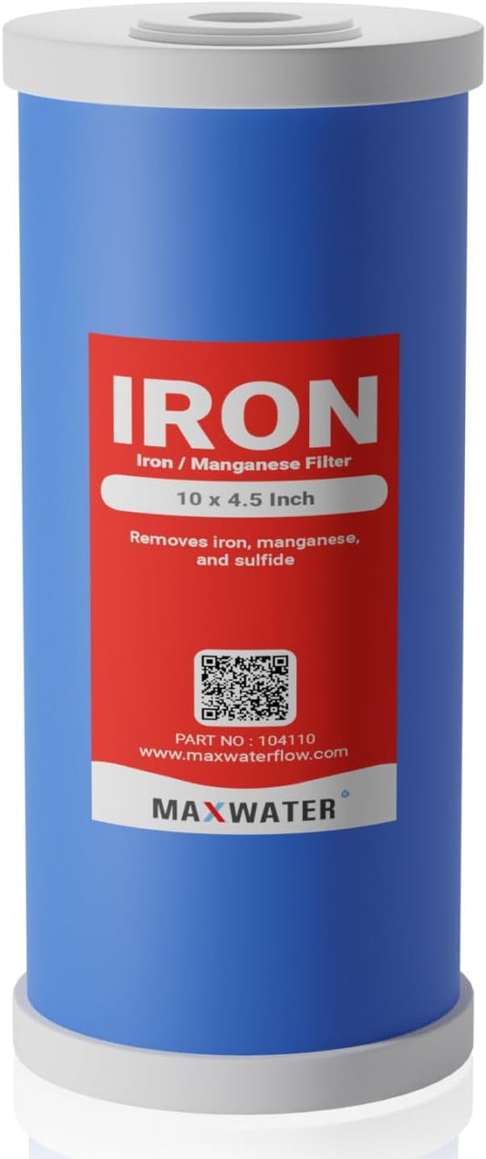 Max Water Whole House Iron and Manganese Reducing Replacement Water Filter Cartridge for Whole House Systems - 10" x 4.5" Iron Removal Filter for Well Water