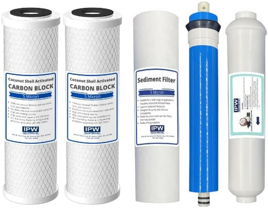 IPW Industries Inc. | W-525 Reverse Osmosis Water Filter Replacement Set - Carbon Block, Sediment, RO Membrane, and Inline Granular Activated Carbon