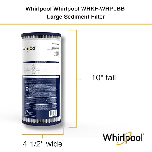 Whirlpool WHKF-WHPLBB Whole House Large Capacity Pleated Sediment Filter, NSF Certified 20-30 Micron Reduces Sand, Soil, Silt & Rust, Fits 4.5" Diameter Standard Home Water Filter Housings