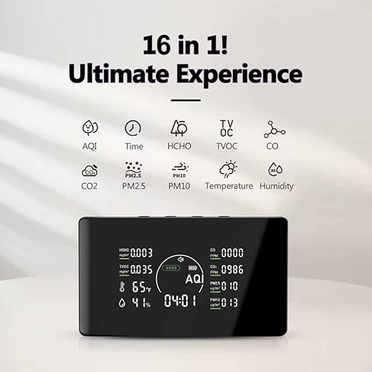 16 in 1 Air Quality Monitor Indoor 9 AQI Detector& 7 AQI Alerts with Portable Sensors for HCHO, TVOC, CO2, PM2.5, PM10, Temperature & Humidity, Formaldehyde,CO2 Detector,Suitable for Home,Black
