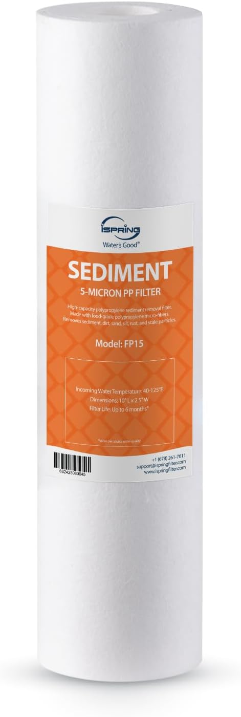 iSpring FP15 NSF Certified Sediment Water Filter Cartridges Replacement, 5 Micron 10" x 2.5" Universal Sediment Filter, 15,000-Gallon Multi-Layer Cartridge