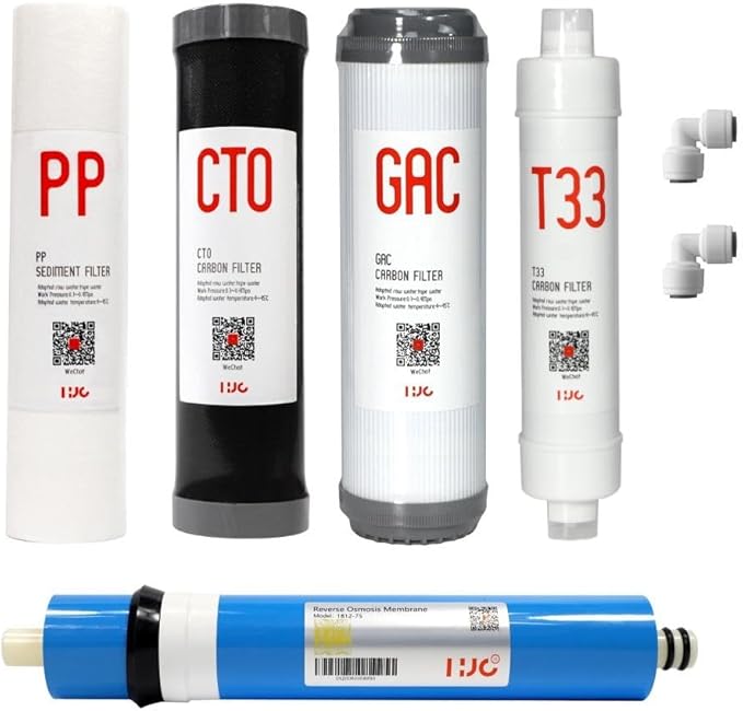 5 Stage Reverse Osmosis Replacement Filter Kit with 75GPD Membrane 5pcs Replacement Cartridge Pack Kit for Standard Reverse Osmosis RO Systems Complete RO Filter Set