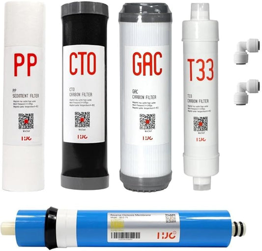 5 Stage Reverse Osmosis Replacement Filter Kit with 75GPD Membrane 5pcs Replacement Cartridge Pack Kit for Standard Reverse Osmosis RO Systems Complete RO Filter Set