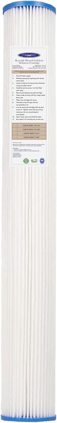 Crystal Quest Pleated Cellulose Sediment Cartridge - 2-7/8” x 20” - 5 Micron Filtration - Durable & Long-Lasting - High Dirt-Holding Capacity - Fits Residential & Commercial Systems