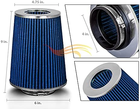 BLUE 4" 102 mm Inlet Truck Cold Air Cone Replacement Performance Washable Clamp-On Dry Air Filter (8" Tall)
