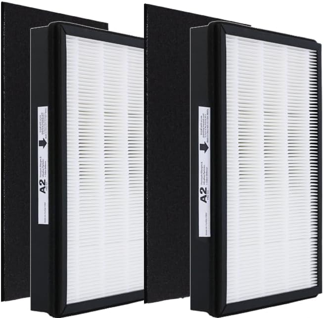 A2 Size H13 True HEPA Replacement Filter, Compatible with Filtrete Room Air Purifier Devices FAP-C02-A2, FAP-C03-A2, FAP-T03-A2, Part # 1150101, 2 HEPA + 2 Carbon pre-filters, 2 Pack