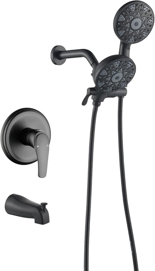 Tub and Shower Faucet Set Complete Dual Shower Head and Handheld 2 in 1 Combo Set Shower System with Tub Spout Tub and Shower Trim Kit Matte Black
