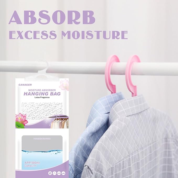 CANAGER Hanging Moisture Absorber, Lotus Fragrance Moistureproof Hanging Bag, Dehumidifier Bag (8 packs) Hanging Closet Dehumidifier Bags, Moisture Absorb 12.5 oz.