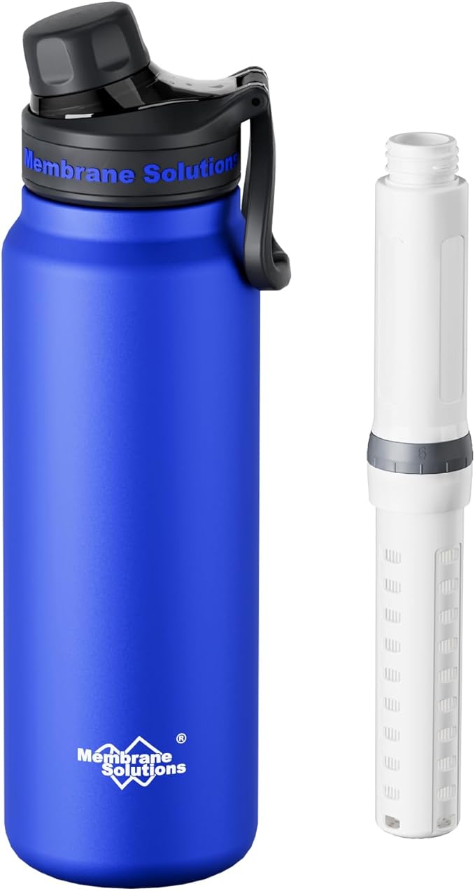 Membrane Solutions C3 Filtered Water Bottle, 32oz Stainless Steel Water Bottle with Replaceable Filter Cartridge, Portable Water Filter, Travel, Hiking & Camping for Drinking Water(Black)
