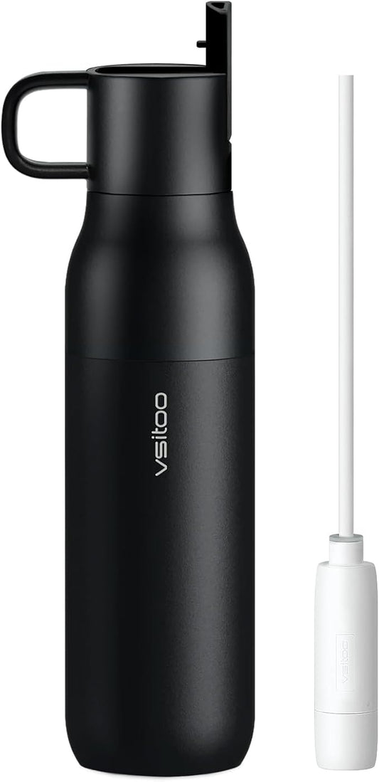 Vsitoo 25 oz Water Purifier Bottle–Stainless Steel, Carbon Fiber Filter, Double-Wall Insulated, BPA-Free, Ideal for Hiking, Cycling, Gym & Outdoor Use–Life Straw Compatible, Black