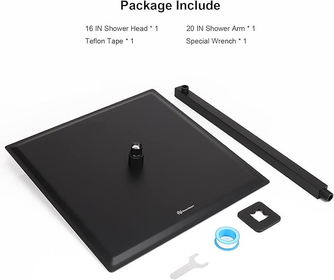 HarJue Shower Head with Extension Arm, High Pressure Square with ShowerArm, Stainless Steel Rainfall-Waterfall Full Body Coverage (16'' Shower with 20'' Arm, Matte Black)