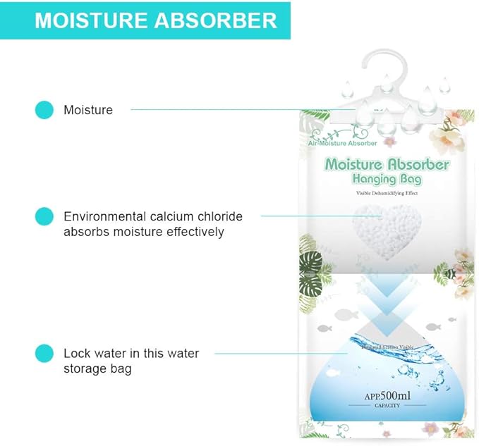 CANAGER Hanging Moisture Absorber-12 Packs, Hanging Dehumidifier Bags for Closet,Bedroom and kitchen,Fragrance Free,Moisture Absorb 12.5OZ