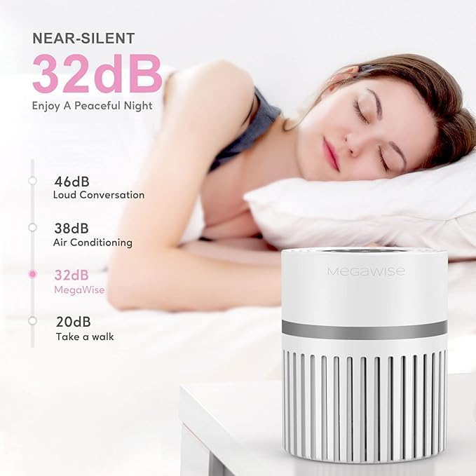 MEGAWISE EPI810 Air Purifier Equipped with Genuine HEPA Filter, Covering an Area of up to 215 sq ft, Addresses Airborne Particulates, Pet Dander & Odors, and Low-decibel Air Filters.