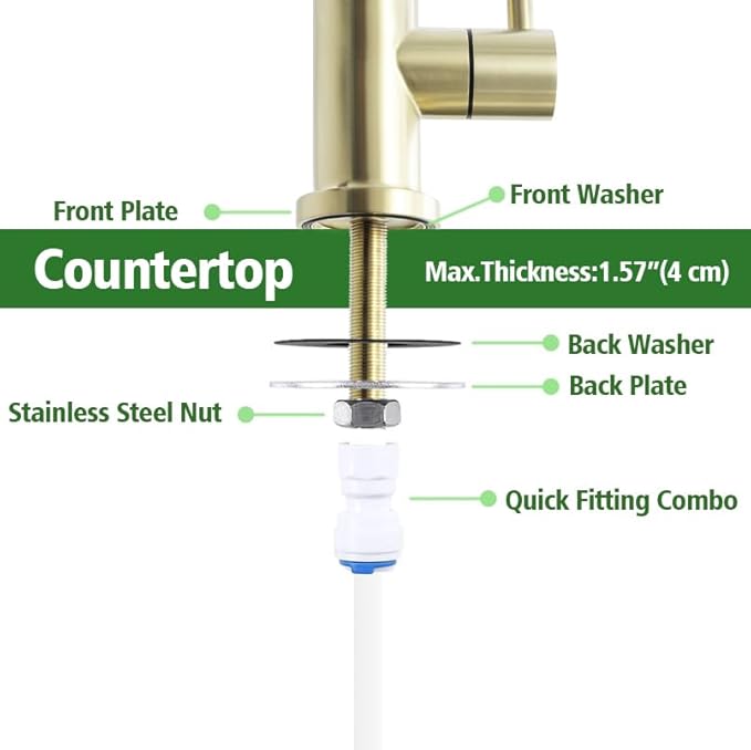 Gold Drinking Water Filter Faucet Kitchen Bar 304 Food Grade Solid Stainless Steel Tap, Non Air Gap Beverage Cold Water Purifier Filtration Tap for Reverse Osmosis Systems.