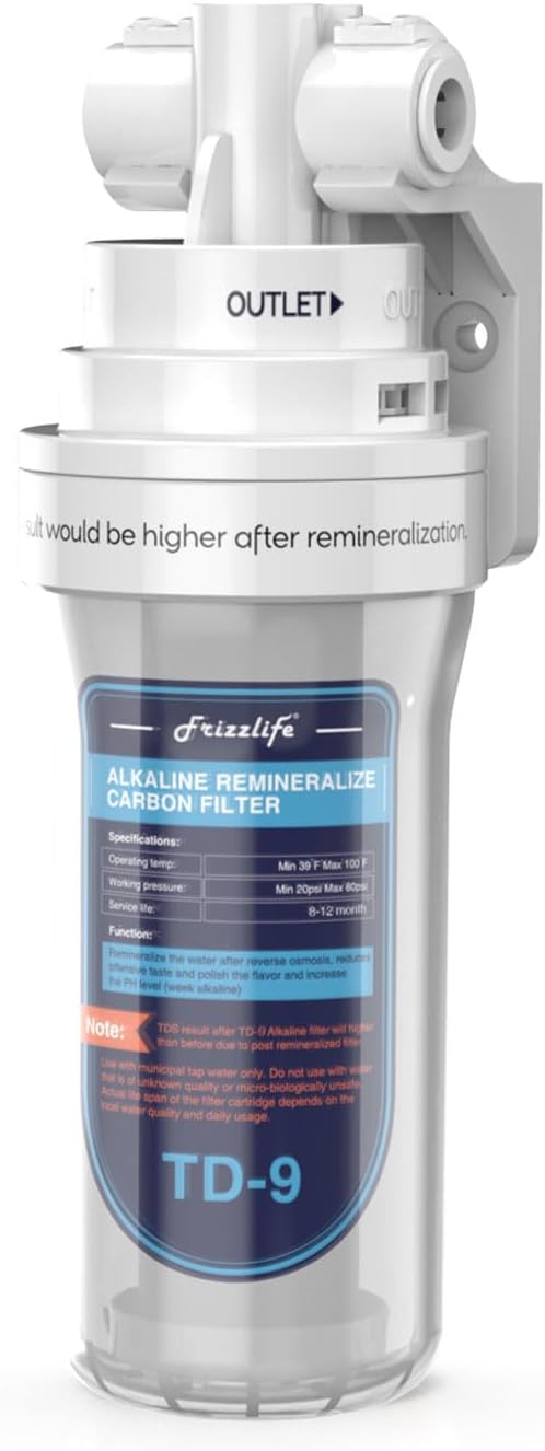 Frizzlife TD-9 Alkaline Remineralization Under Sink Inline Water Filter - Quick Twist Post Filter for RO Reverse Osmosis System, Reduce Chlorine, Adjust Taste & PH, Restore Essential Minerals