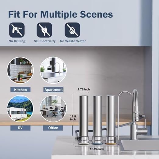 Frizzlife TS99 Countertop Water Filter System, 9-Stage Stainless Steel Faucet Water Filtration, 0.5 Micron NSF Certified Elements Reduces 99.99% Lead, Chlorine, Heavy Metals, Bad Taste & Odor