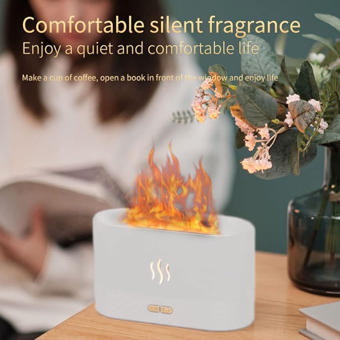 Upgraded 7 Color Flame Fireplace Air Aroma Essential Oil Diffuser,USB Personal Desktop Noiseless Cool Mist Humidifier with Auto-Off Protection for Home,Office, Gift (White)