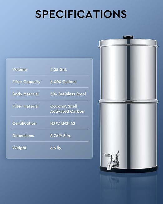 CO-Z Gravity-Fed Water Filter System, 2.25 Gallons Countertop Water Filtration System, 304 Stainless Steel Gravity Water Purifier with 2 Carbon Filters & Water Spigot, NSF/ANSI 42 Certification