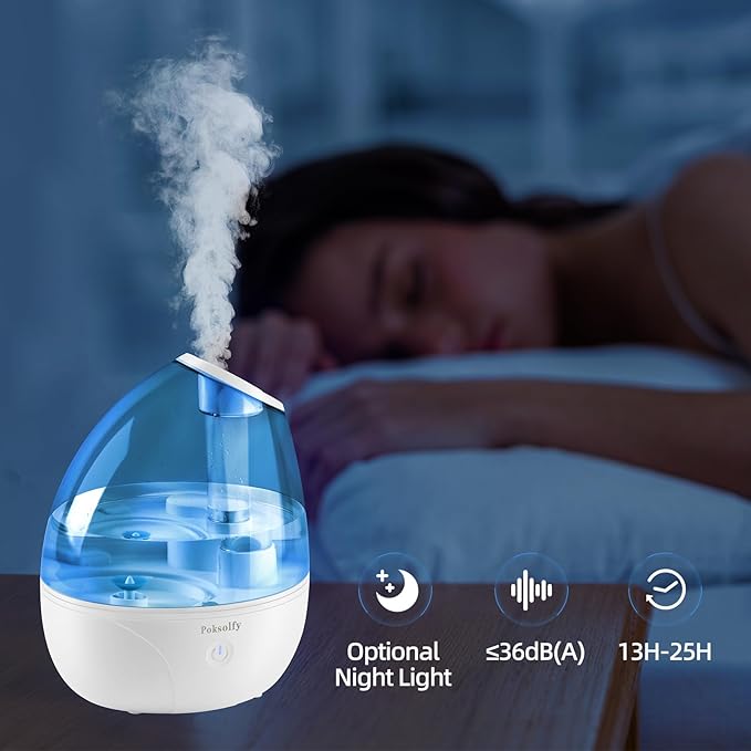 Cool Mist Humidifier for Bedroom,2L Small Humidifiers for Bedroom and Office,25dB Humidifier for Toy room and Plant,Last Up to 13H on Max Mist Setting (Light Blue)
