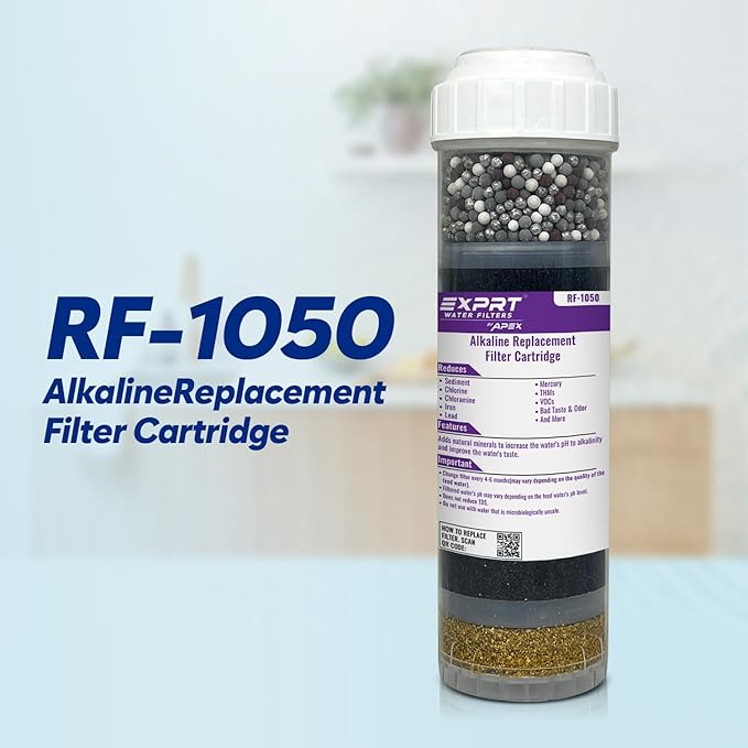 RF-1050 Alkaline Filter Cartridge – 2.5" x 10" Universal Fit – Removes Chloramines, Chlorine, Heavy Metals, Odor – KDF-55, Activated Carbon, Alkaline Beads Adds Essential Minerals