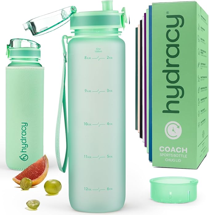 Hydracy Water Bottle with Time Marker -Large BPA Free Water Bottle & No Sweat Sleeve -Leak Proof Gym Bottle with Fruit Infuser Strainer & Times to Drink -Ideal for Fitness Sports & Outdoors