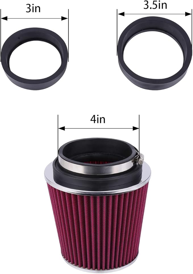 Universal Clamp-On Air Filter Fits 3 In /3.5 In /4 In Three Different Size, Height: 5.5 In, Length: 1.125 In, High Flow Round Tapered Washable For Car and Motorcycle