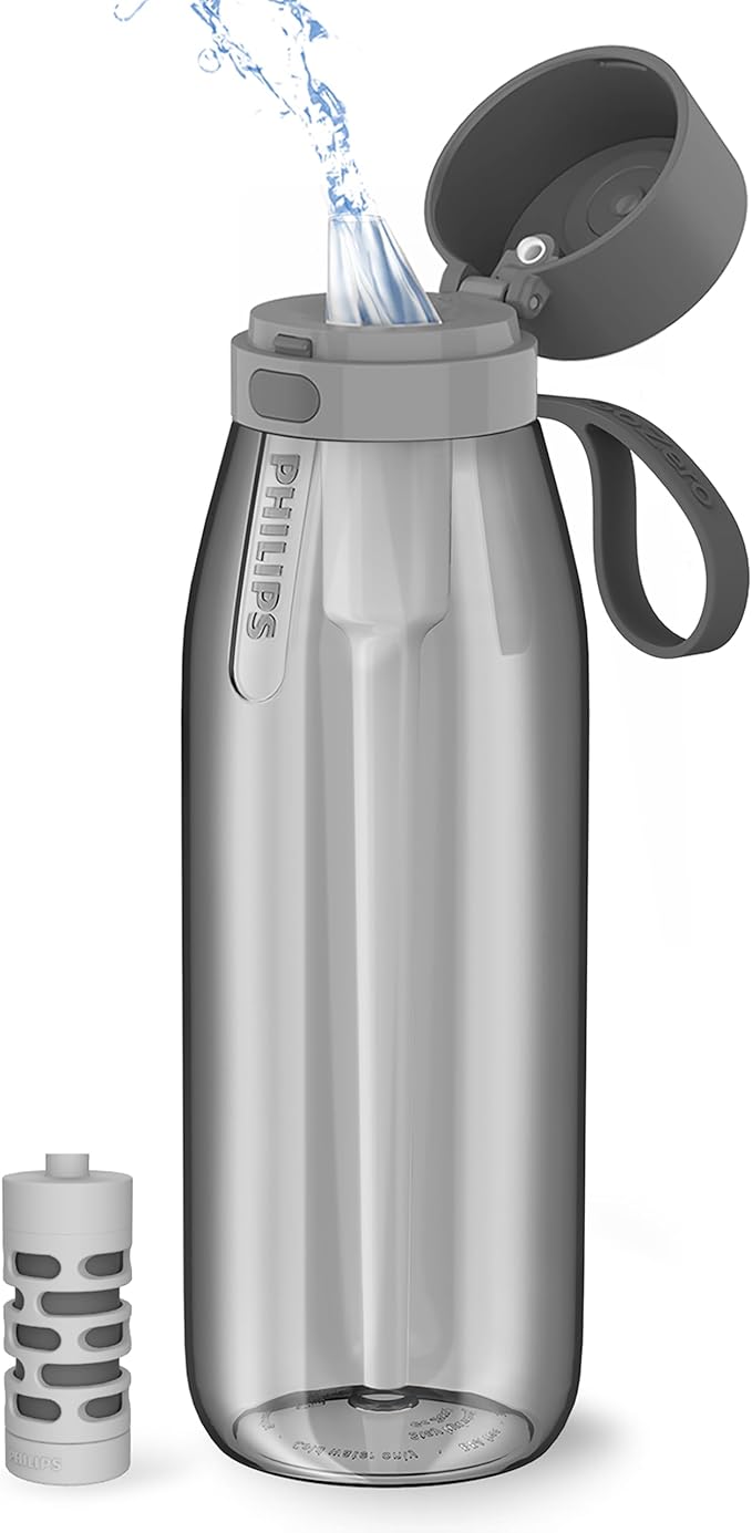 PHILIPS Filtered Water Bottle, BPA-Free Tritan Plastic Water Bottles, Replaces 450 Plastic Water Bottle with Reusable GoZero Everyday Water Filter, Portable Filtering Bottle for Travel, 36oz, Grey