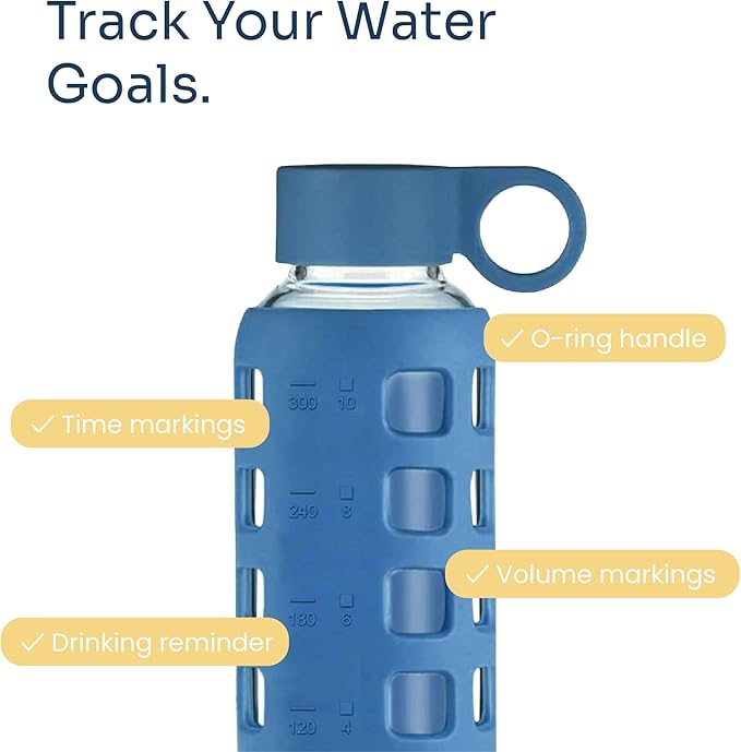 purifyou 40oz / 32oz / 22oz / 12oz Borosilicate Glass Water Bottle with Time & Volume Markers, Silicone Sleeve, Stainless Steel Lid | Reusable Glass Bottle for Water & Juice (12oz Chinese Porcelain)