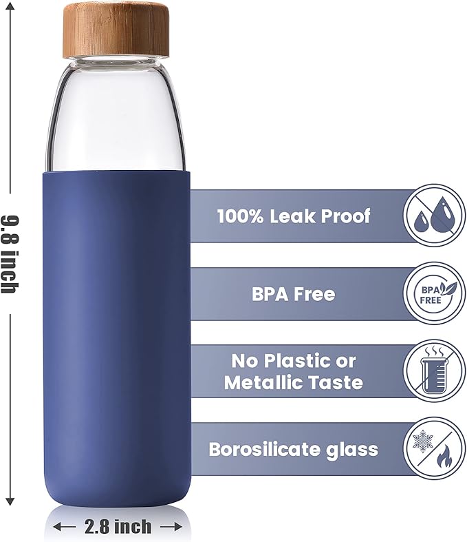 veegoal 25 Oz Borosilicate Glass Water Bottles with Bamboo Lid, BPA-FREE, Non-Slip Silicone Sleeve, and Stainless Steel Leak Proof Lid - Reusable Glass Bottle for Men and Women