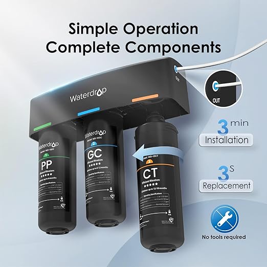 Waterdrop TSB 8 Layer Under Sink Water Filter, Reduces PFAS, PFOA/PFOS, Fluoride, Chlorine, Bad Taste & Odor, with Dedicated Faucet, NSF/ANSI 42 Certified Element, USA Tech Water Filtration System