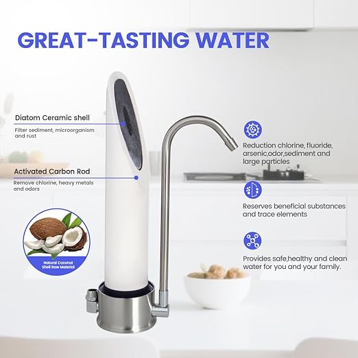 Amwater Countertop Water Filtration System, 5-Stage Reduces,Ceramic Water Filter Reduction of Sediment,Chlorine,Heavy Metal Bad Taste/Odors,Stainless Steel Faucet Water Filtration for 8000 Gallons