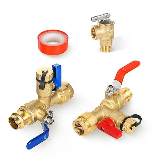 (Set of 1 Kit) HeSun 3/4" FIP X 3/4" PRESS IPS Isolator Tankless Water Heater Service Valve Kit, with Pressure Relief Valve