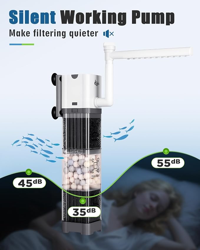 AQQA Aquarium Filter, Fish Tank Filter with Rainshower Pipe Design Adjustable Water Flow, Ultra Silent Biochemical Quartz Balls&Physical Sponge Double Filtration for Fish Tank 35-60 Gallon (8W-200GPH)