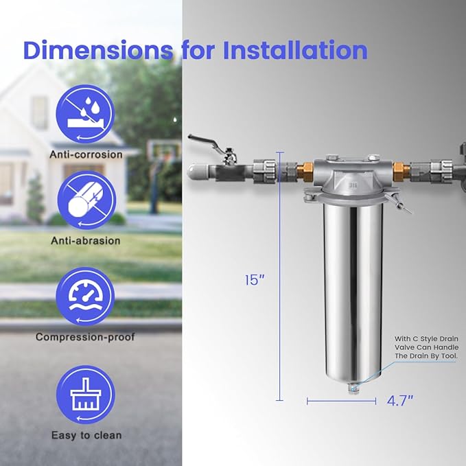 Amwater 316 Stainless Steel Filter Housing for Filter Cartridge, Water Filter Housing for Whole House Water Purification of Stainless Steel 316 (10" C Housing-1 NPT)