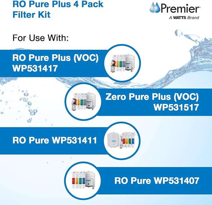 Watts Premier RO Pure Plus 4-Pack Filtration Kit for 4 Stage Pure Plus/Zero Pure Plus Reverse Osmosis System, Push Button Water Filter Replacement, Sediment Filter, Carbon Pre-Filter, VOC, Membrane