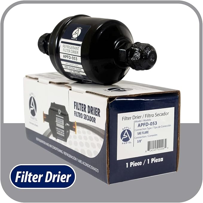 Appli Parts APFD-053 3/8 in Liquid Line Refrigerant AC Filter Drier hvac Refrigeration 053 SAE Flare connection universal unidirectional 4-1/2 in long 2 in wide