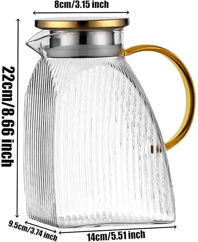 Glass Pitcher with Stainless Steel Gold Lid - 1.8L Ideal Fridge Door Water Pitcher for Hot or Cold Beverage, Iced Tea, Juice, Milk, Coffee, Lemonade